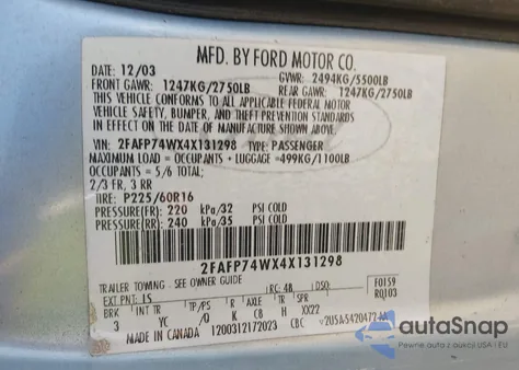 2004 Ford Crown Victoria Lx from USA, damaged, VIN 2FAFP74WX4X131298